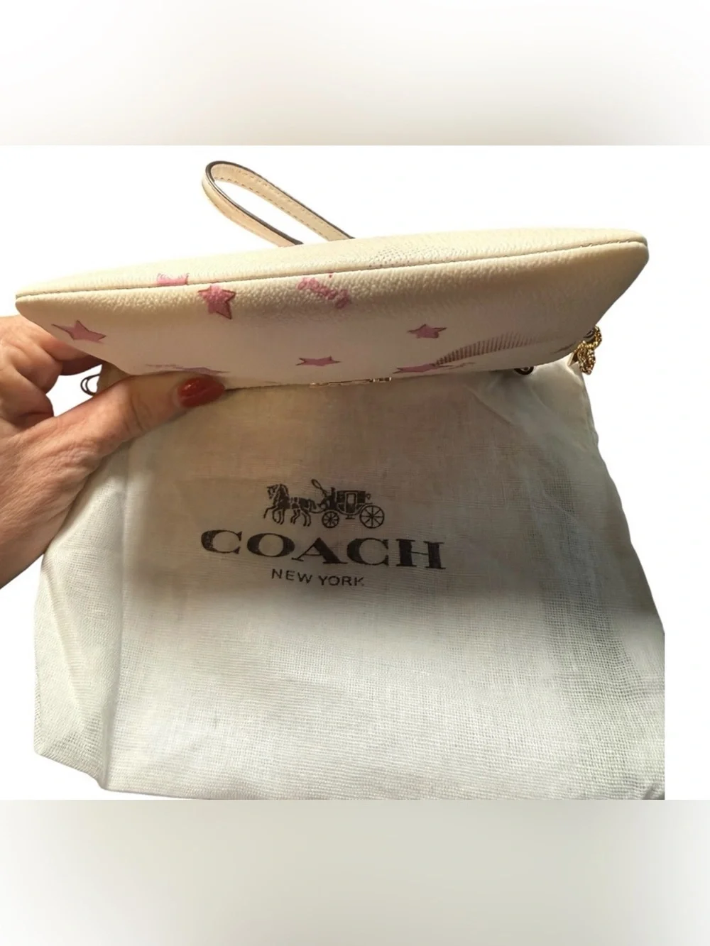 Coach Disco Star Print Cream Wristlet with Gold Coach Bear Charm & Dusty EUC